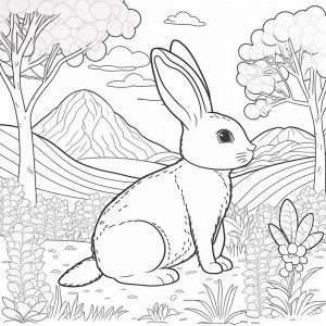 Раскраска заяц на фоне гор и деревьев