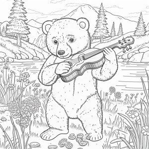 Раскраска медведь с гитарой у речки