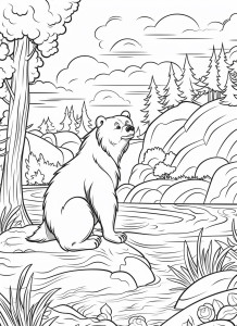 Раскраска бурый медведь сидит у реки на фоне елового леса