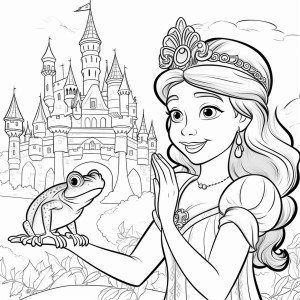 Раскраска принцесса с лягушкой перед замком