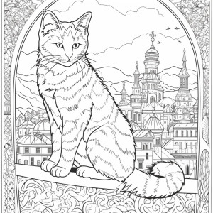 Раскраска взрослая кошка на фоне города с узорами