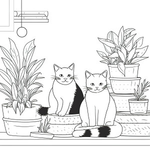 Раскраска черная кошка и кот на фоне комнатных растений