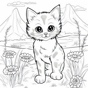 Раскраска сказочный котенок на фоне гор