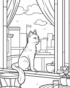Раскраска кошка сидит у открытого окна
