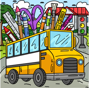 Раскрашенная картинка: мультяшный школьный автобус с карандашами и кисточками