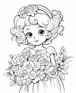 Раскраска принцесса «Благородная леди» с букетом цветов в руке,