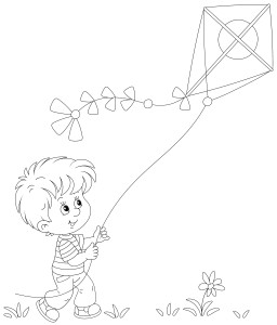 Раскраска мальчик в поле играет с воздушным змеем