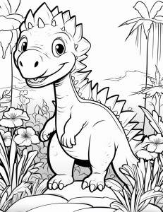 Раскраска веселый динозавр в лесу