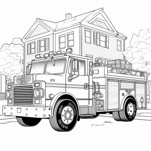 Раскраска пожарный грузовик на фоне дома