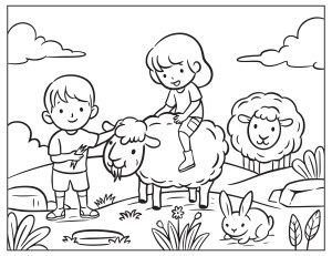Раскраска дети катаются на овце в поле