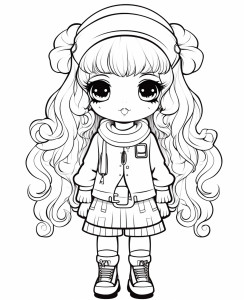 Раскраска кукла мультяшная девушка с длинными волосами и шляпой