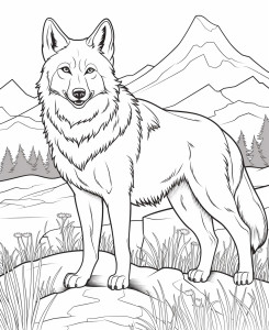 Раскраска реалистичный волк стоит на фоне гор и травы