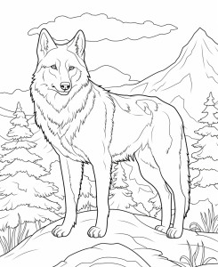 Раскраска волк стоит на камне в лесу на фоне гор