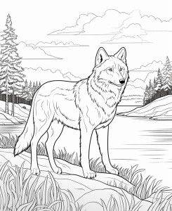 Раскраска серый волк на фоне озера