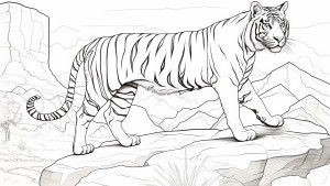 Раскраска реалистичный тигр на фоне гор