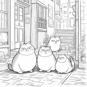 Раскраска четыре толстых кота на фоне городской улицы