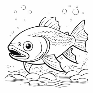 Раскраска рыба с большим ртом и большими глазами плавает в воде