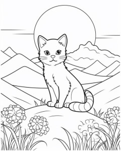 Раскраска кот на холме с цветами на фоне луны и гор
