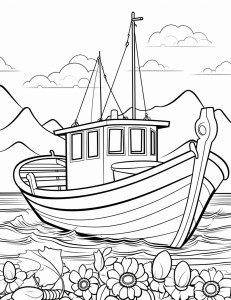 Раскраска рыбацкое судно в море на фоне гор