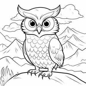 Раскраска умная сова на фоне гор