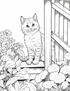 Раскраска кот в саду на фоне цветов