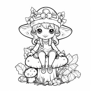 Раскраска кукла девушка сидит на грибе в шляпе