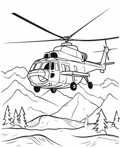 Раскраска вертолет над горной местностью