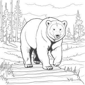 Раскраска большой и сильный медведь на лесной прогулке