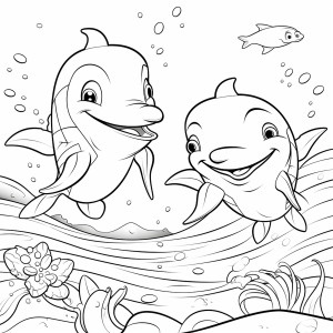 Раскраска два веселых дельфина с маленькой рыбкой
