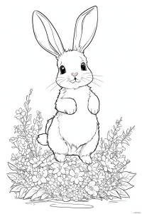 Раскраска заяц стоит в клумбе цветов на задних лапках
