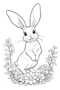 Раскраска заяц с огромными ушами и улыбкой на цветочной поляне