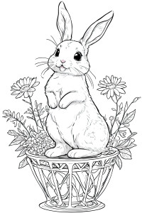 Раскраска заяц в клумбе цветов на задних лапах