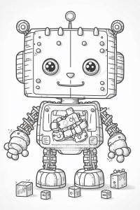 Раскраска маленький робот с игрушкой в руке