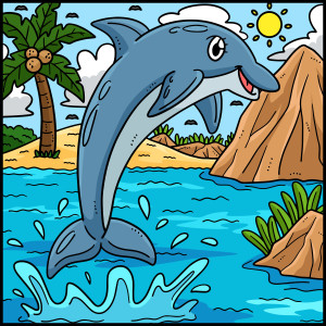 Раскрашенная картинка: дельфин над морской гладью на фоне острова и гор