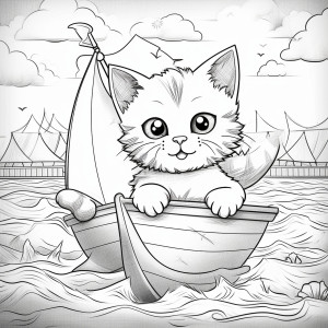Раскраска котенок плывет на лодке в море
