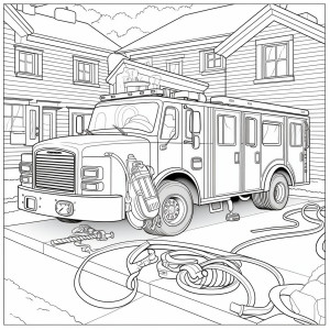 Раскраска пожарная машина с пожарным снаряжением