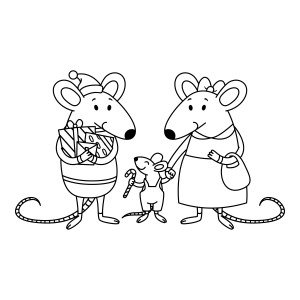 Раскраска крысиная семья, папа с подарками и мама держит маленького крысёныша за руку