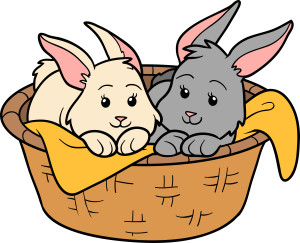 Раскрашенная картинка: кролики в корзинке по точкам