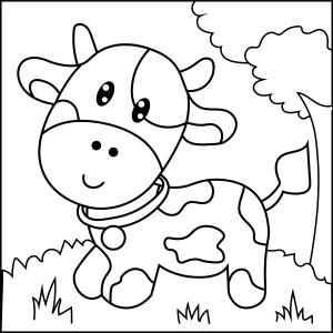 Раскраска теленок играет в поле рядом с лесом