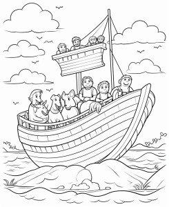 Раскраска корабль с людьми на борту у берега