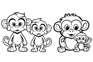 Раскраска семья обезьян, мама и три маленьких обезьянки