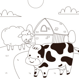 Раскраска корова с овцой в деревне у дома
