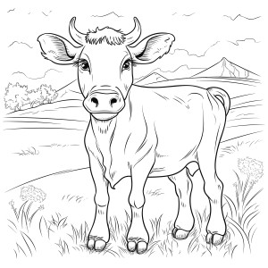 Раскраска большая корова стоит на лугу на фоне гор