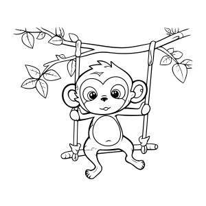 Раскраска обезьяна катается на качелях на ветке дерева