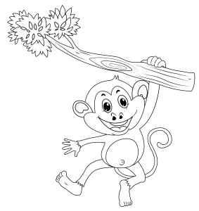 Раскраска обезьяна висит на дереве ухватившись одной рукой