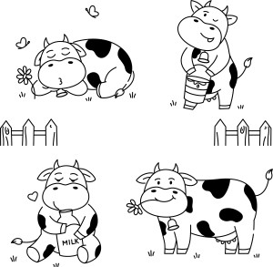Раскраска коллекция корова на ферме в разных позах