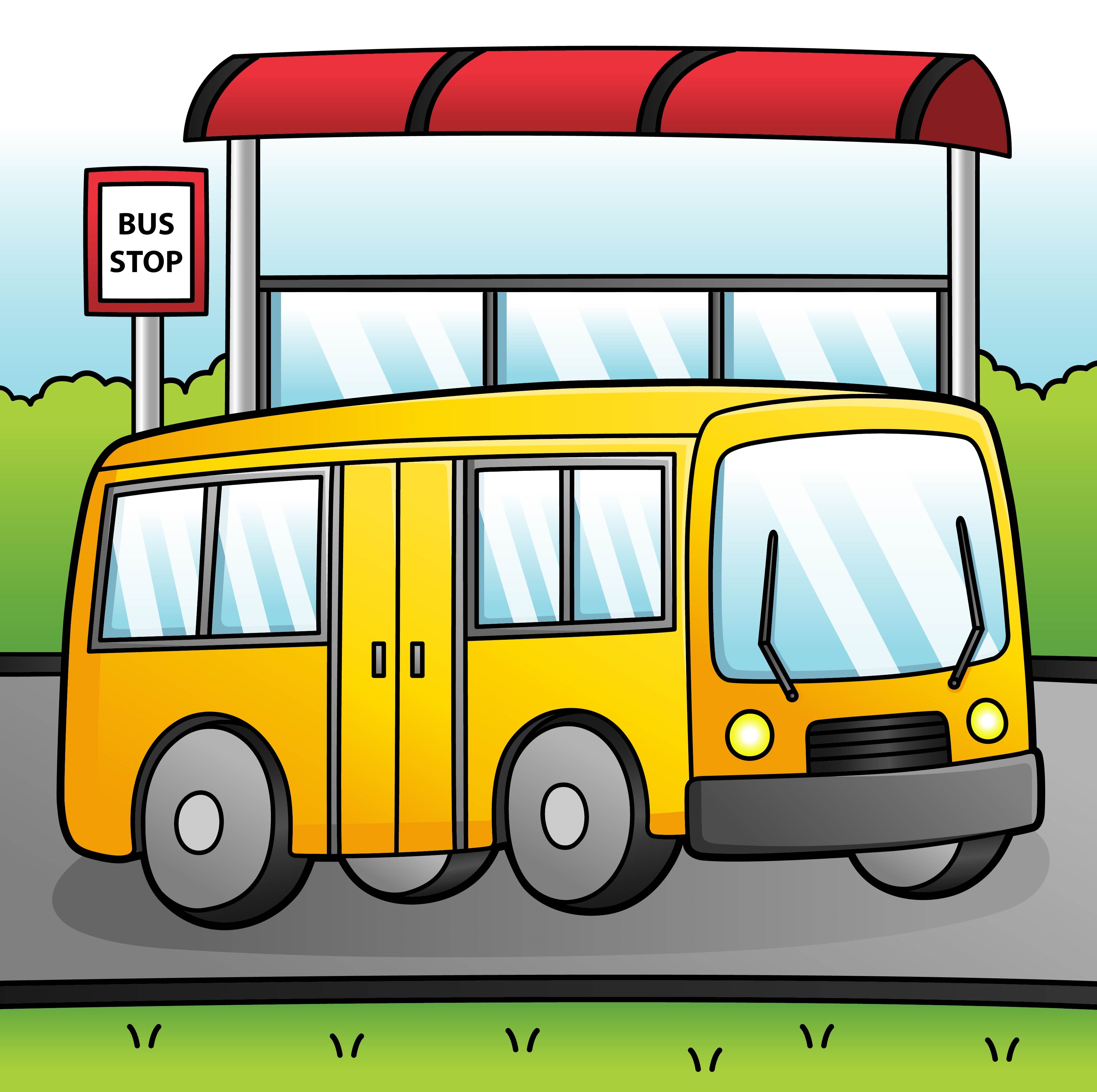 Раскраска автобус пазик стоит на остановке формата А4 в высоком качестве