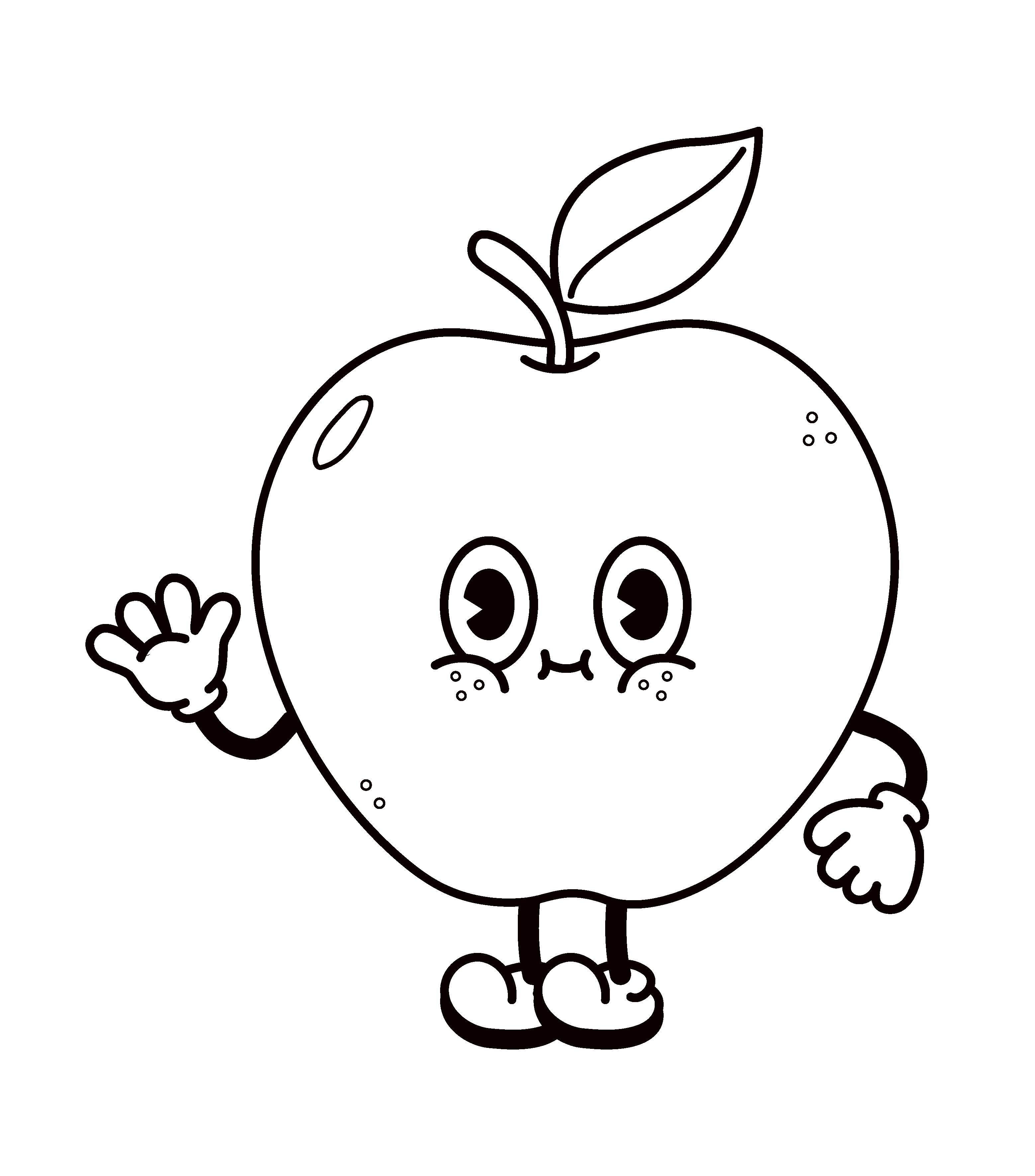 Раскраска милое яблоко с лицом машет рукой формата А4 в высоком качестве
