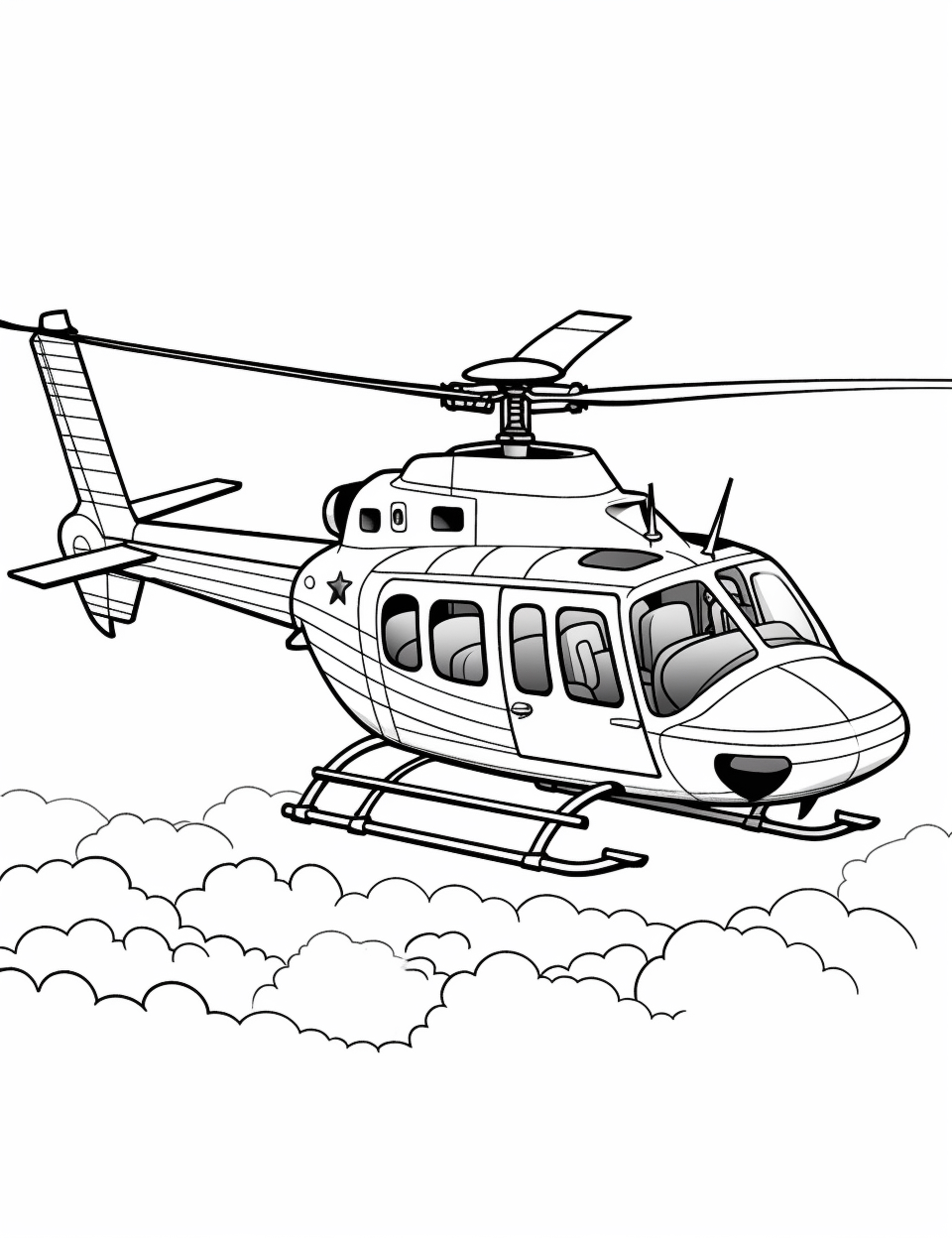 Раскраска вертолет «Ворон» в облаках формата А4 в высоком качестве