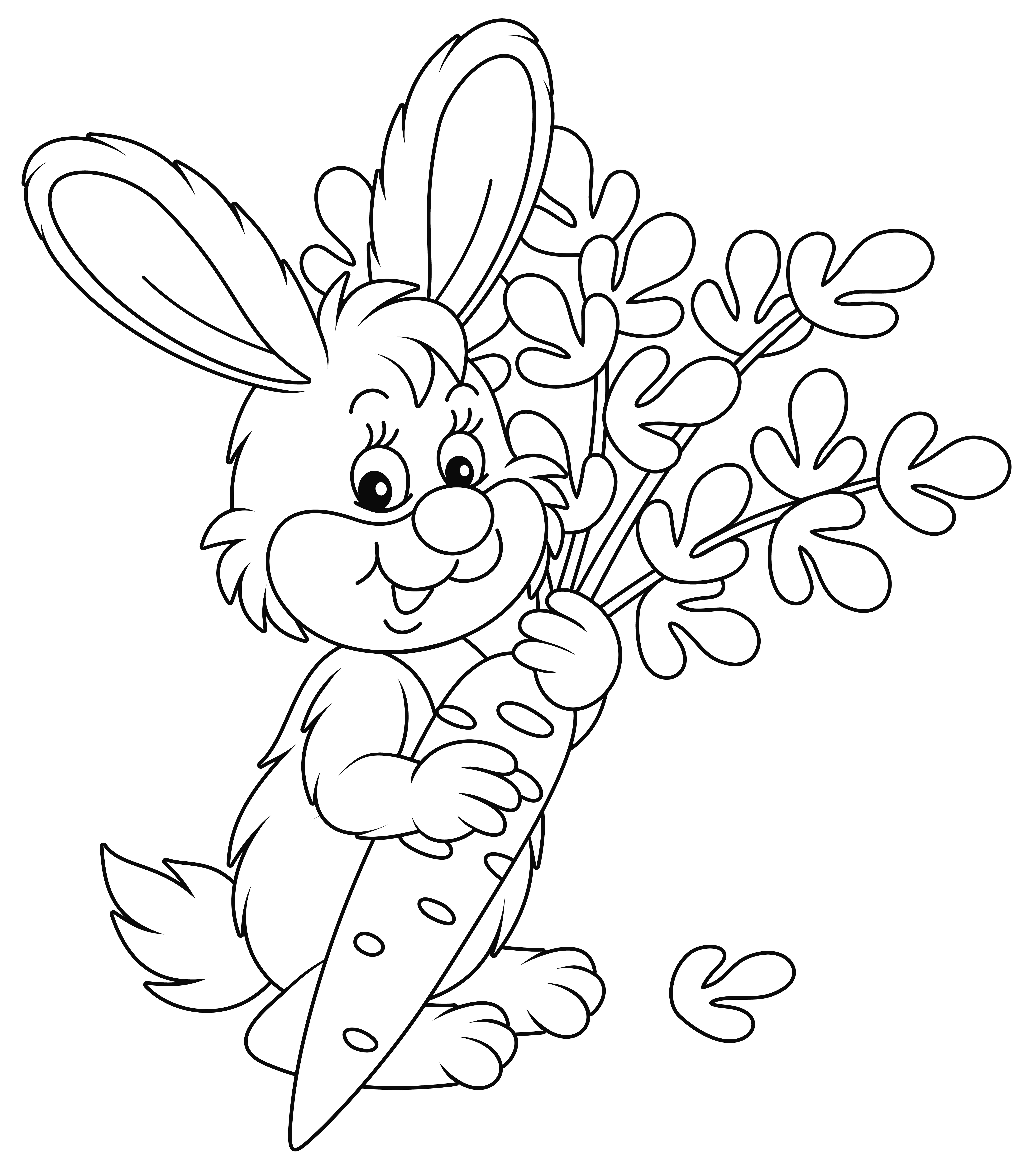 Раскраска счастливый маленький кролик со спелой морковью формата А4 в высоком качестве